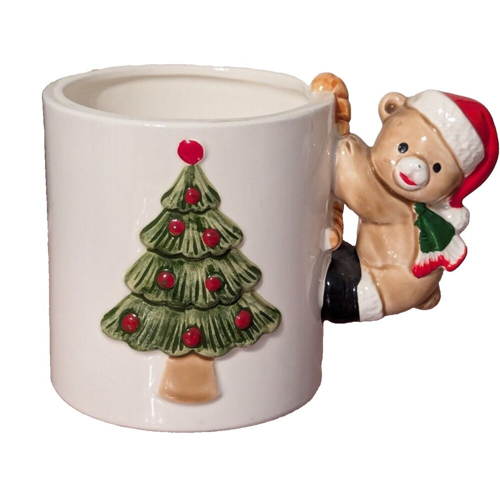 Christmas Tree Coffee Mug Bear Handle 3.5-in Vintage 1970's Ceramic Cup Gift
